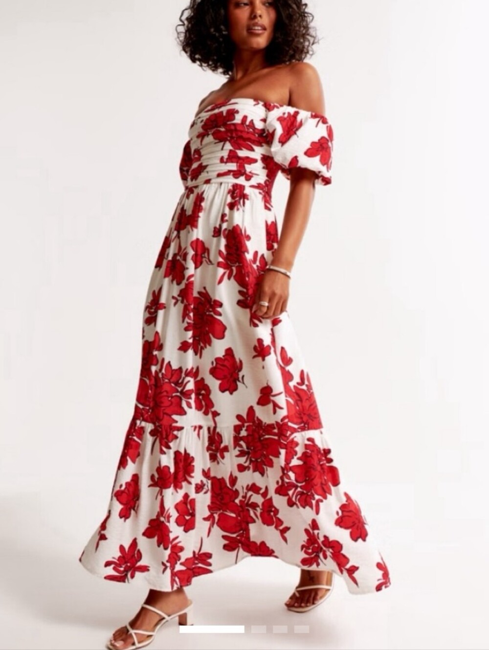 Abercrombie & Fitch Emerson Off Shoulder Maxi Dress In Red and White Botanical - Picture 6 of 16